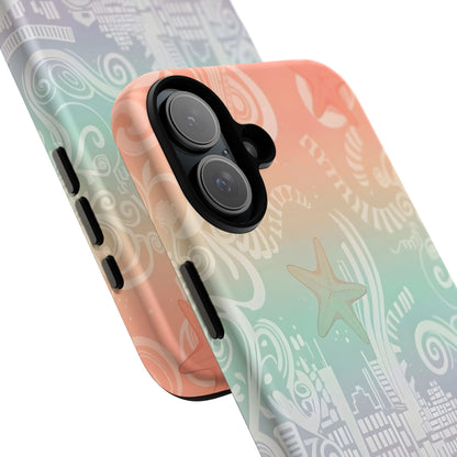 Tough Cases: Pastel Beach Pattern Phone Case — Starfish & Coastal Cityscape Protective Cover