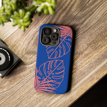 Tropical Monstera Phone Case — Blue & Coral Leaf Protective Cover