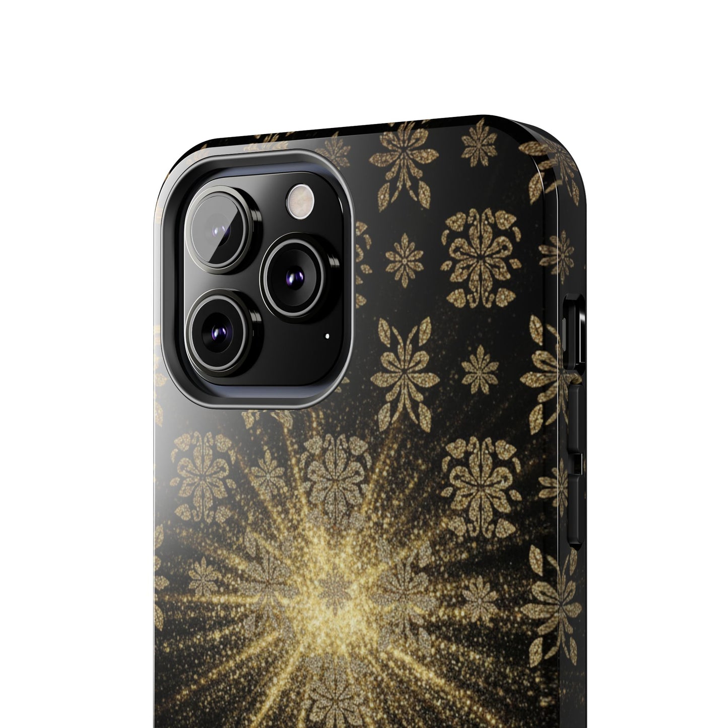 Glitter Burst Tough Phone Case — Black & Gold Floral Protective Cover