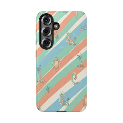 Retro Beach Stripes Phone Case — Sun, Waves & Palm Pattern Tough Case