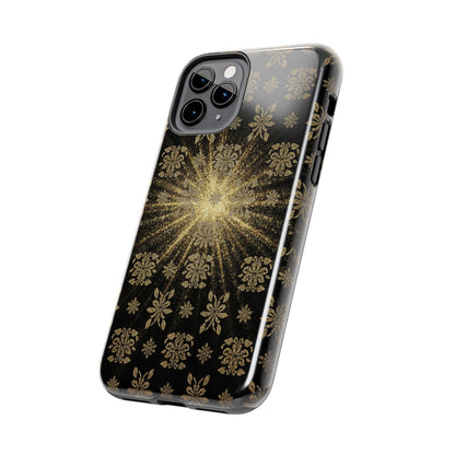 Glitter Burst Tough Phone Case — Black & Gold Floral Protective Cover