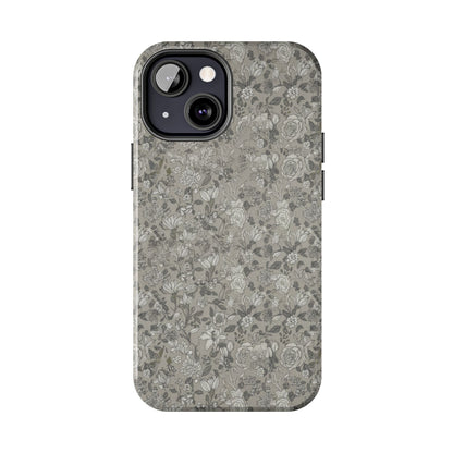 Gray Floral Tough Phone Case — Durable Protective Phone Cover with Vintage Botanical Pattern