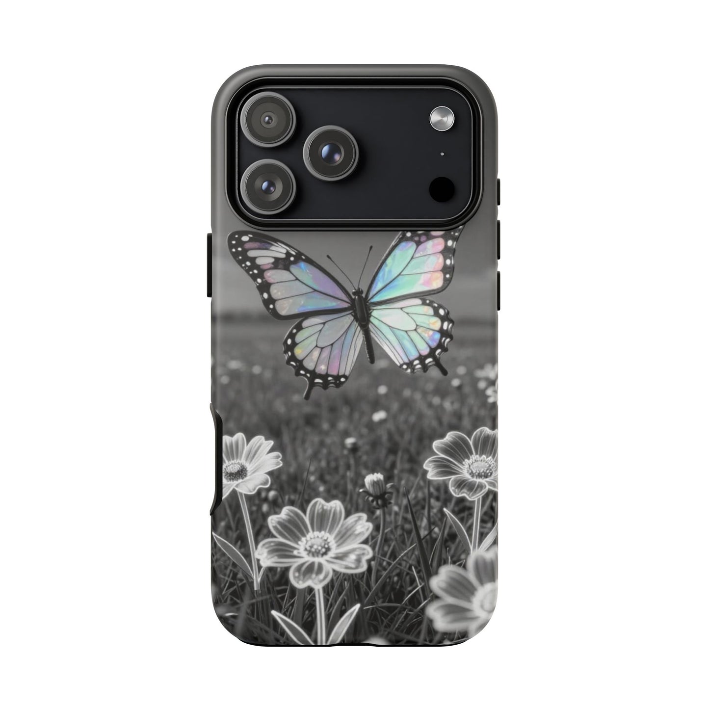 Butterfly Field Tough Phone Case — Pastel Holographic Butterfly on Black & White Floral Background