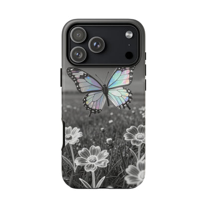 Butterfly Field Tough Phone Case — Pastel Holographic Butterfly on Black & White Floral Background
