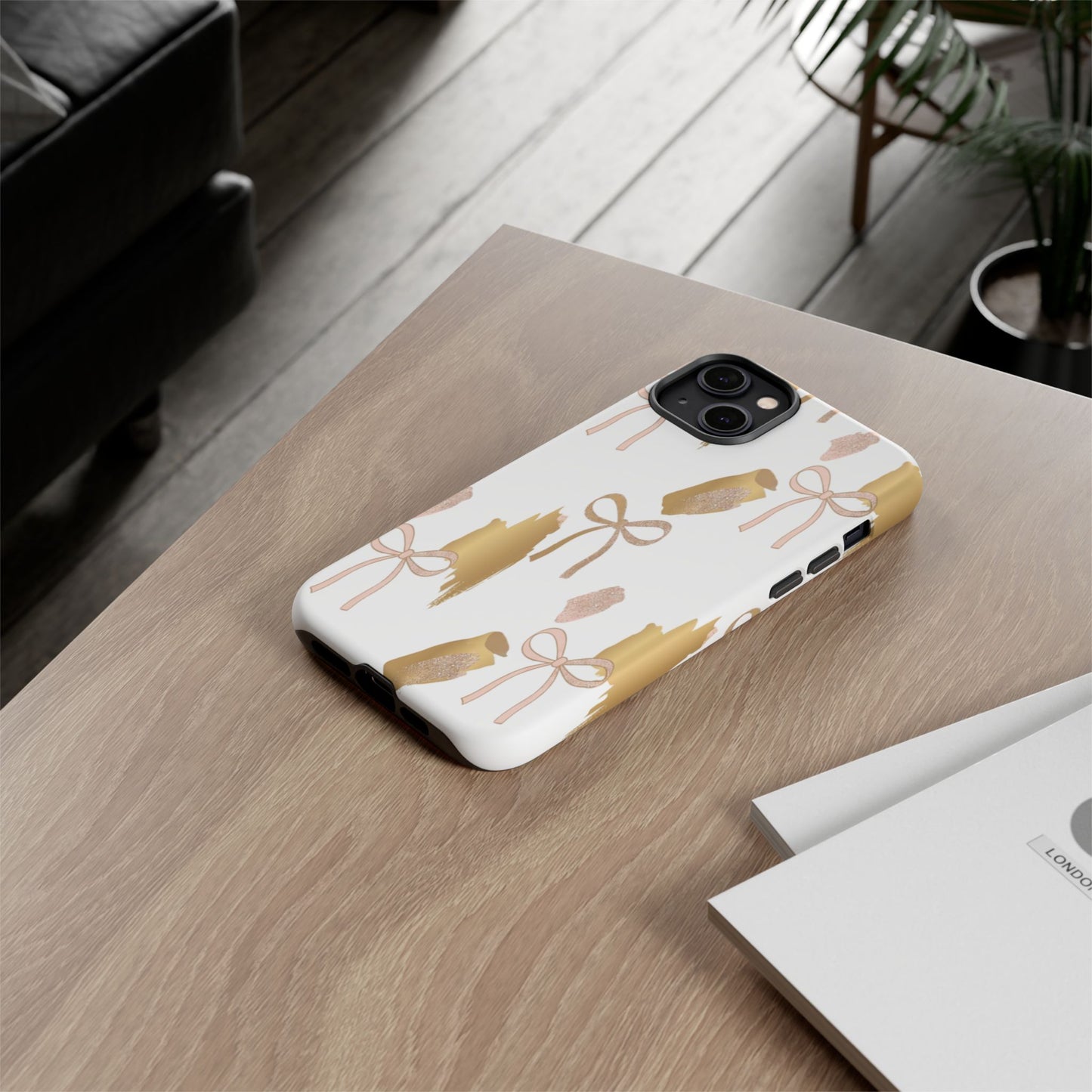 Phone Case — Gold Brushstroke & Blush Bow Pattern