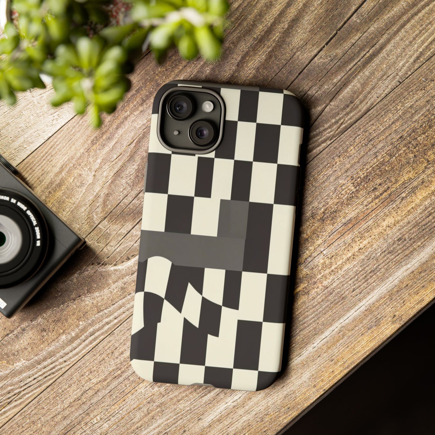 Checkerboard Wave Phone Case — Black & Cream Graphic Tough Case