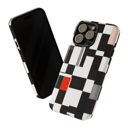 Abstract Geometric Phone Case – Black & White Checker Grid with Red Accent