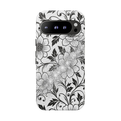 Floral Lace Phone Case — Black & White Vintage Flower Protective Case