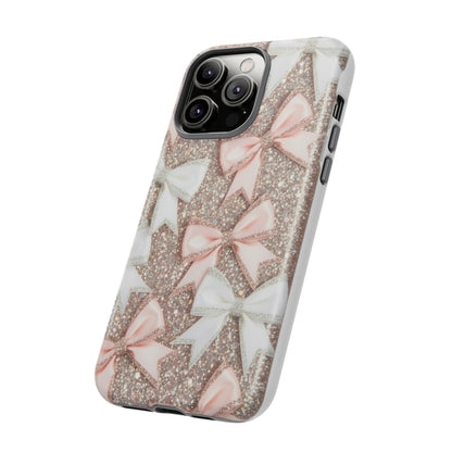 Glitter Bow Tough Phone Case — Pink & White Ribbon Protective Cover