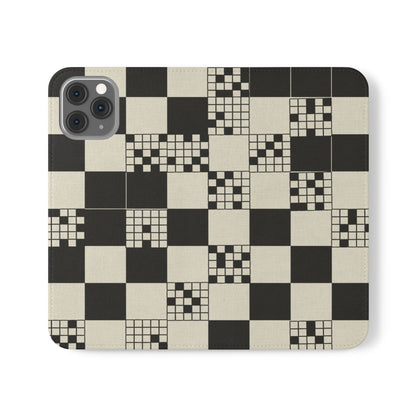 Checkerboard Flip Phone Case – Retro Black & Cream Geometric Wallet Case
