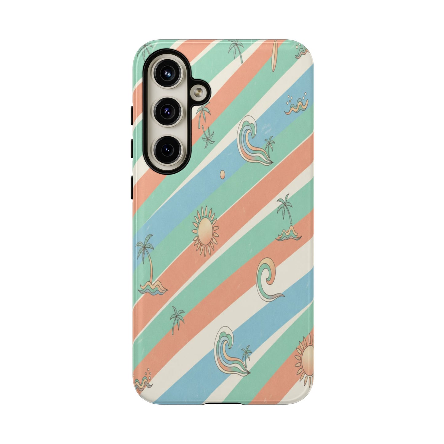 Retro Beach Stripes Phone Case — Sun, Waves & Palm Pattern Tough Case