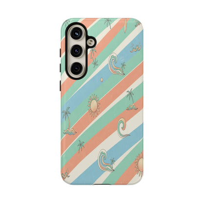 Retro Beach Stripes Phone Case — Sun, Waves & Palm Pattern Tough Case