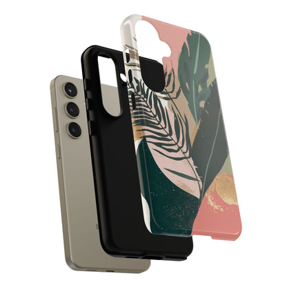 Tropical Leaf Tough Phone Case — Abstract Pink & Green Botanical Protective Cover