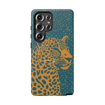 Leopard Print Tough Phone Case — Gold Panther on Teal, Protective iPhone Cover