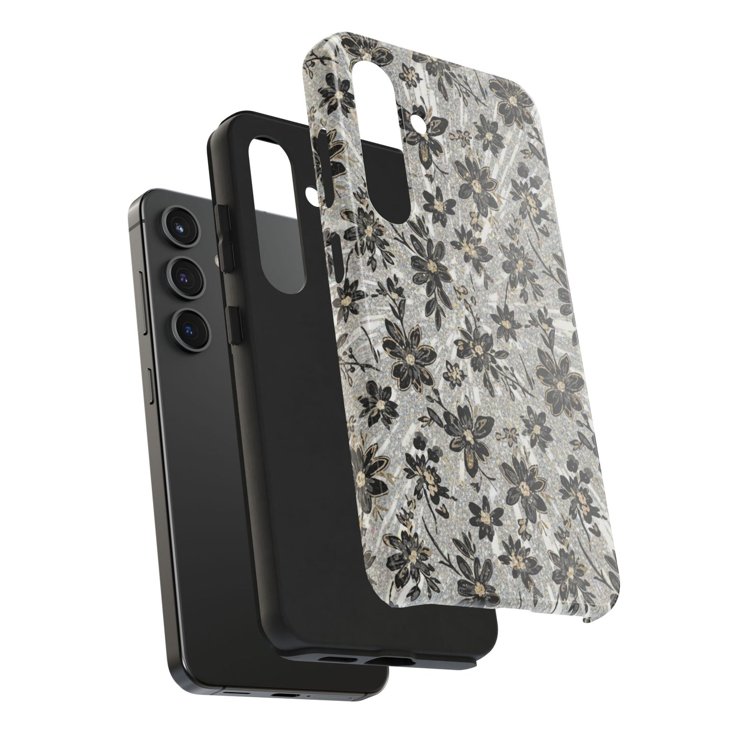 Floral Vintage Tough Phone Case — Black & Gray Rustic Flower Protective Case