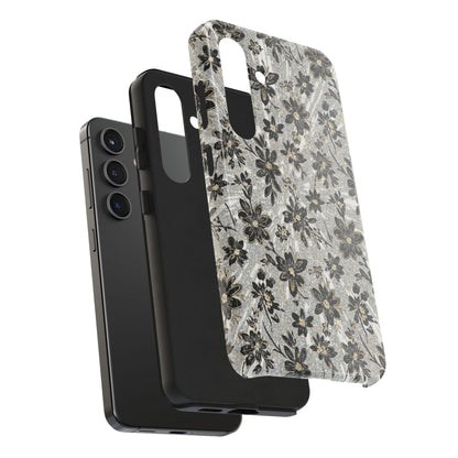 Floral Vintage Tough Phone Case — Black & Gray Rustic Flower Protective Case