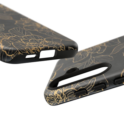 Floral Gold Outline Tough Phone Case – Black Botanical Protective Cover