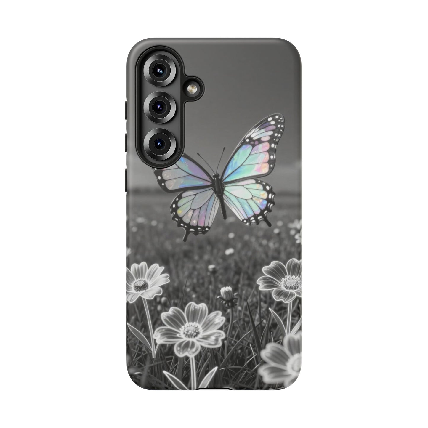 Butterfly Field Tough Phone Case — Pastel Holographic Butterfly on Black & White Floral Background