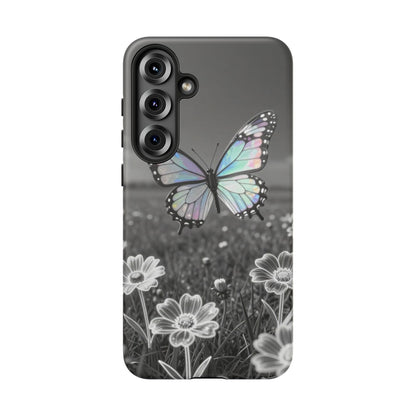 Butterfly Field Tough Phone Case — Pastel Holographic Butterfly on Black & White Floral Background