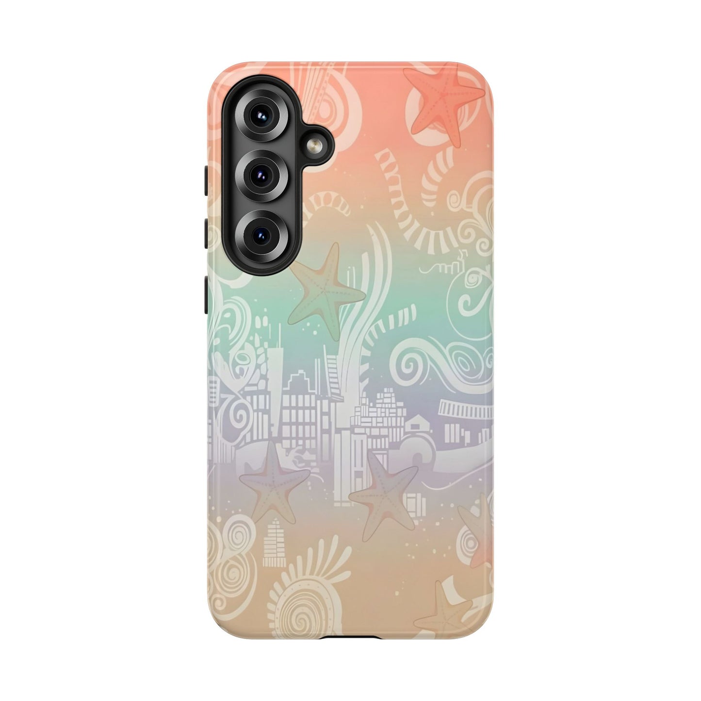 Tough Cases: Pastel Beach Pattern Phone Case — Starfish & Coastal Cityscape Protective Cover