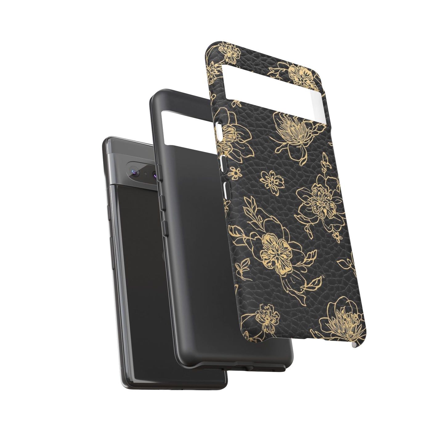 Floral Leather Phone Case — Gold Outline Flowers on Black Tough Case