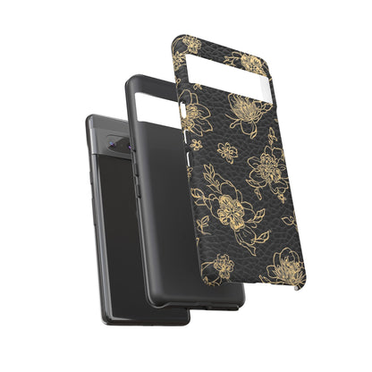 Floral Leather Phone Case — Gold Outline Flowers on Black Tough Case