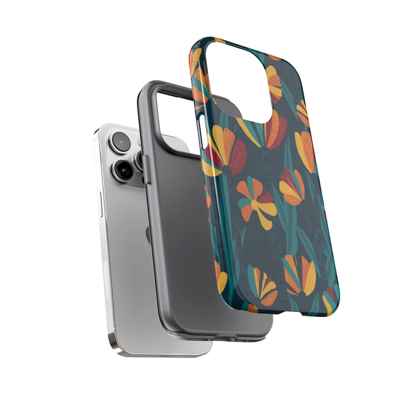Floral Retro Teal Tough Phone Case — Vibrant Orange & Mustard Blooms