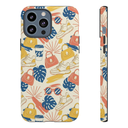 Tough Cases: Retro Summer Pattern Phone Case – Sunglasses, Sneakers & Tropical Leaves