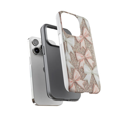 Glitter Bow Tough Phone Case — Pink & White Ribbon Protective Cover