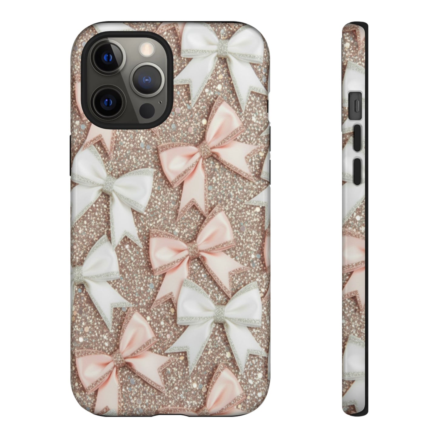 Glitter Bow Tough Phone Case — Pink & White Ribbon Protective Cover
