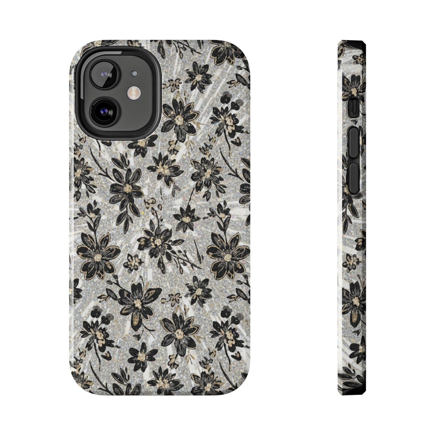 Floral Vintage Tough Phone Case — Black & Gray Rustic Flower Protective Case