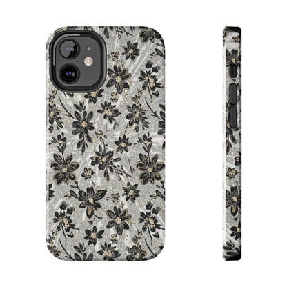Floral Vintage Tough Phone Case — Black & Gray Rustic Flower Protective Case