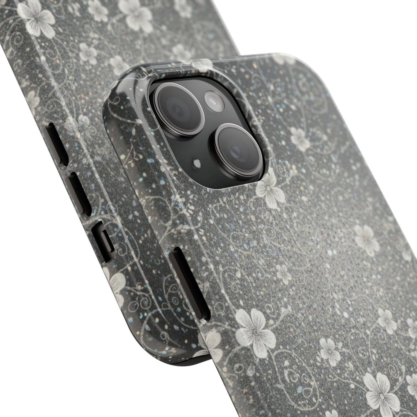 Floral Sparkle Tough Phone Case — Black & Silver Vintage Blossom