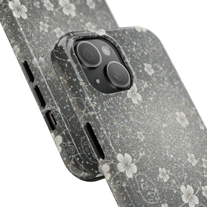 Floral Sparkle Tough Phone Case — Black & Silver Vintage Blossom