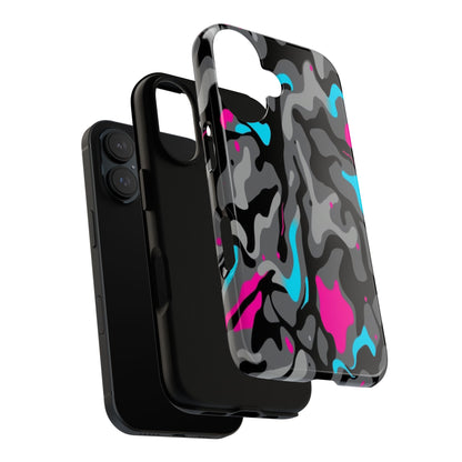 Camouflage Phone Case — Gray Camo with Neon Pink & Cyan Accent Tough Protective Cover