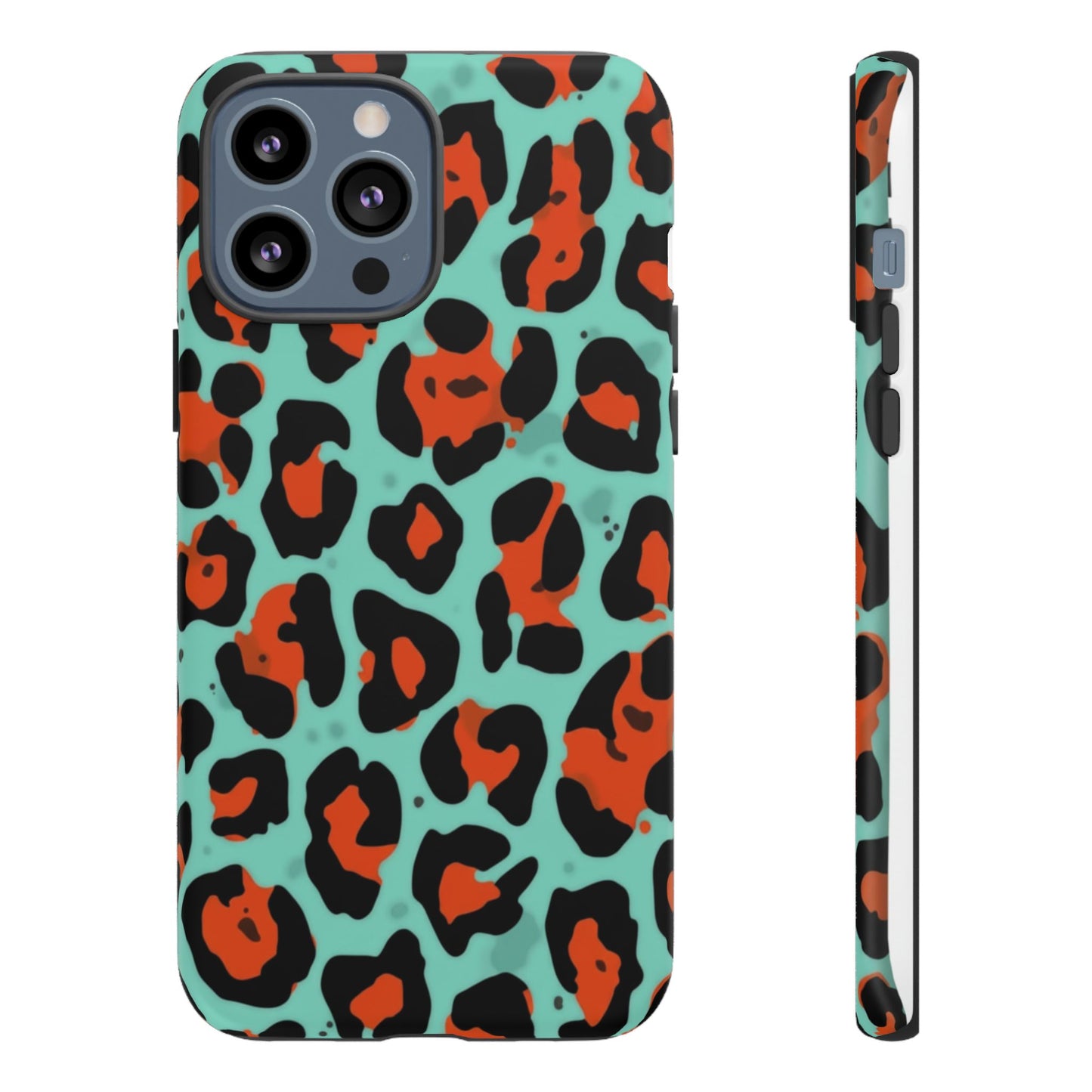 Leopard Print Tough Phone Case — Teal & Rust Protective iPhone Cover