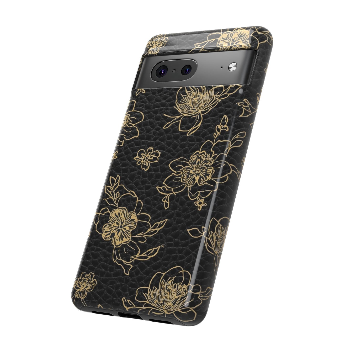 Floral Leather Phone Case — Gold Outline Flowers on Black Tough Case