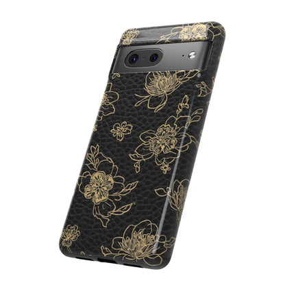 Floral Leather Phone Case — Gold Outline Flowers on Black Tough Case