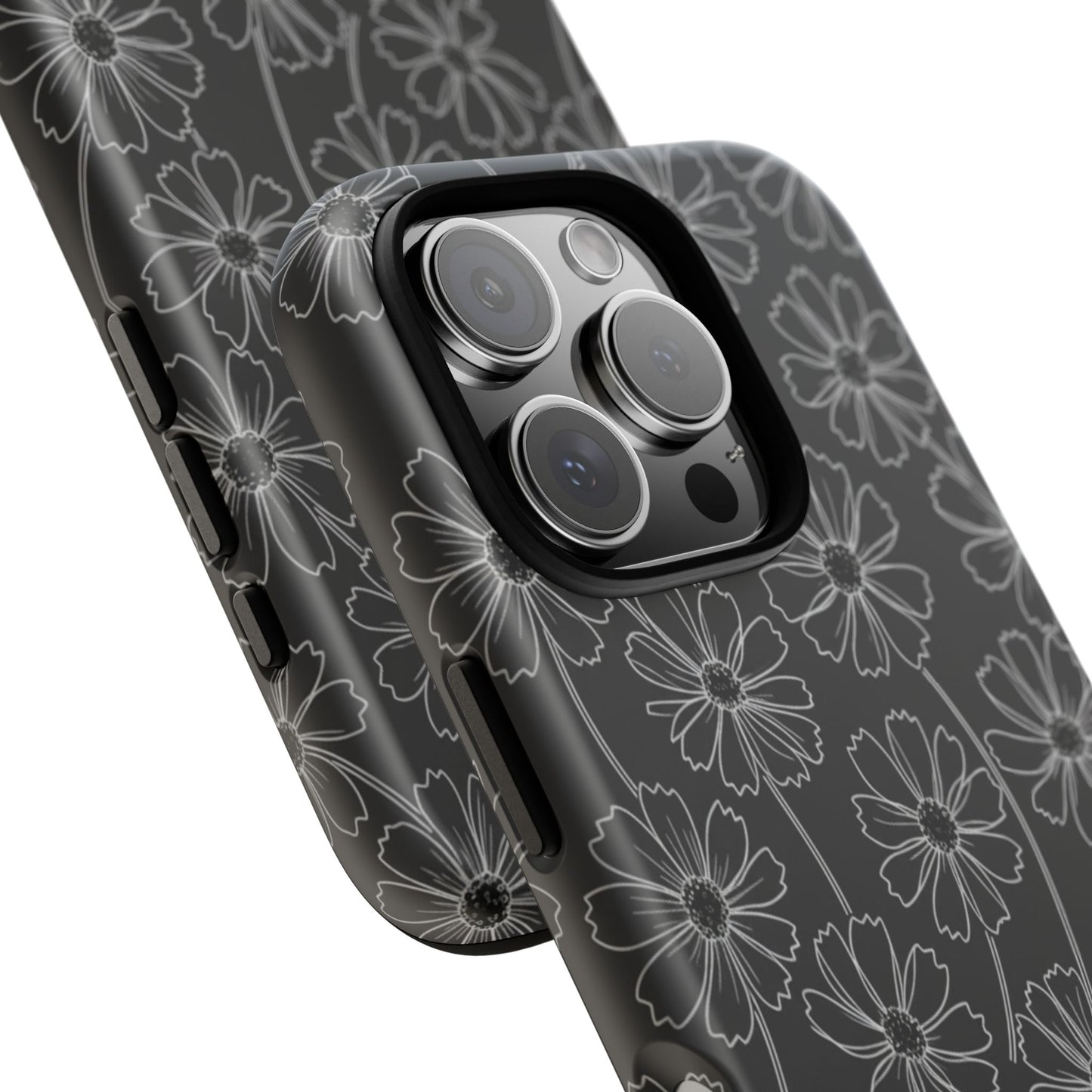 Floral Doodle Tough Phone Case — Black & Gray Daisy Pattern