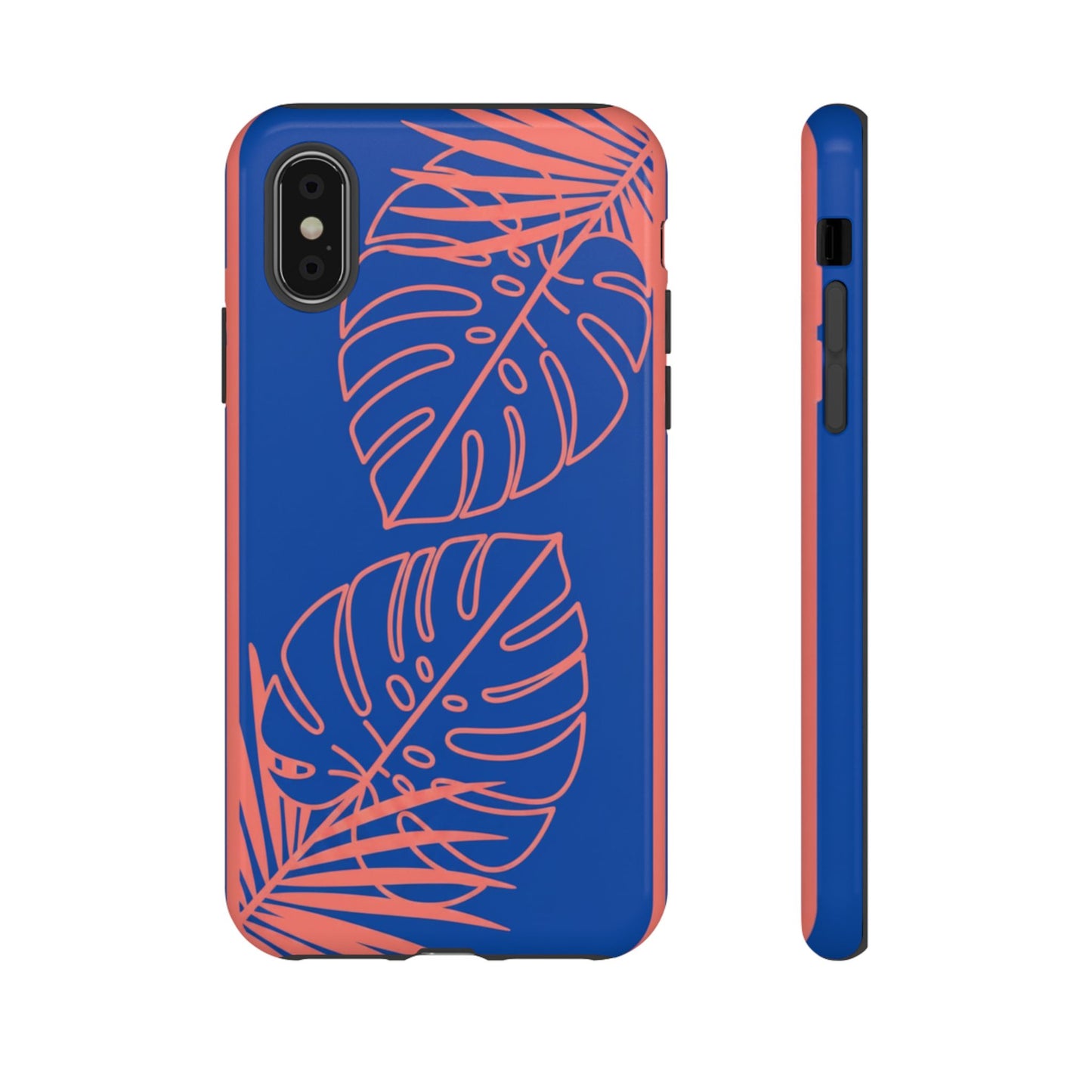 Tropical Monstera Phone Case — Blue & Coral Leaf Protective Cover