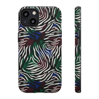 Zebra Camo Tough Phone Case – Green & Blue Animal Print Protective Cover