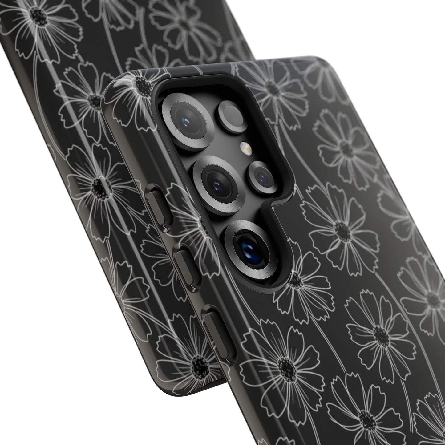 Floral Doodle Tough Phone Case — Black & Gray Daisy Pattern