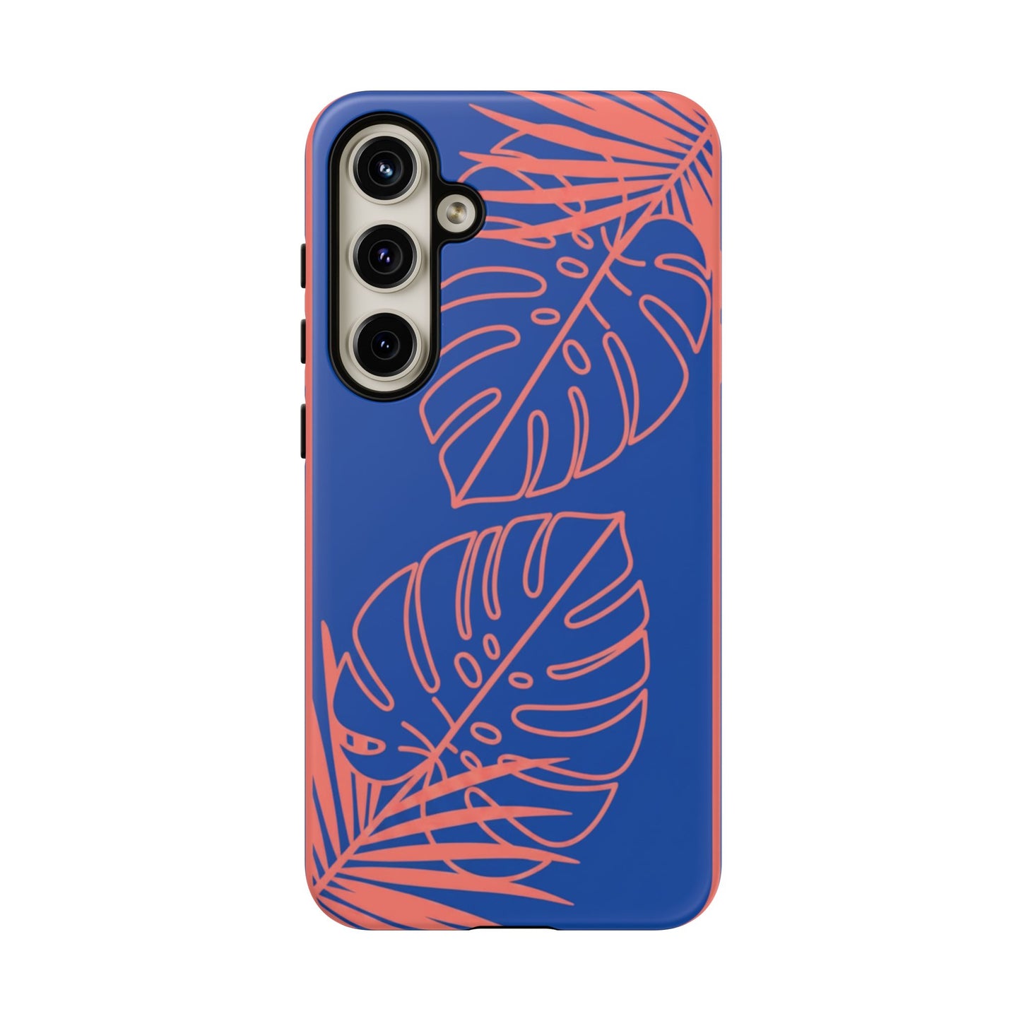 Tropical Monstera Phone Case — Blue & Coral Leaf Protective Cover