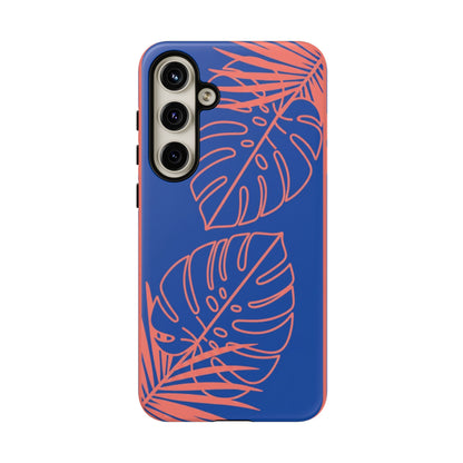 Tropical Monstera Phone Case — Blue & Coral Leaf Protective Cover