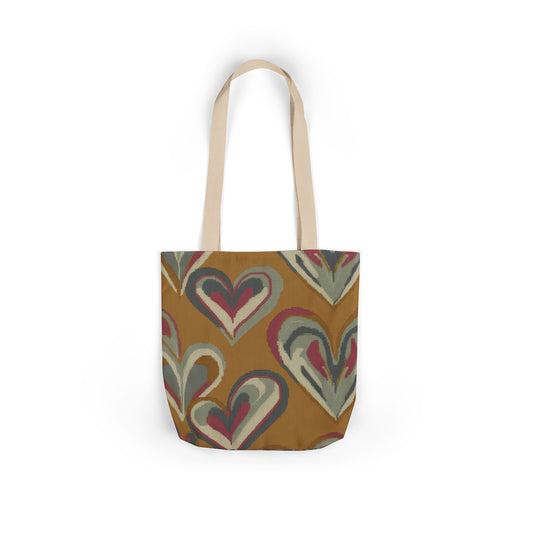 Boho Heart Canvas Tote — Retro Mustard Floral Pattern
