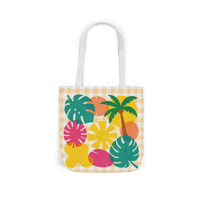 Tropical Gingham Canvas Tote — Colorful Palm & Monstera Beach Bag