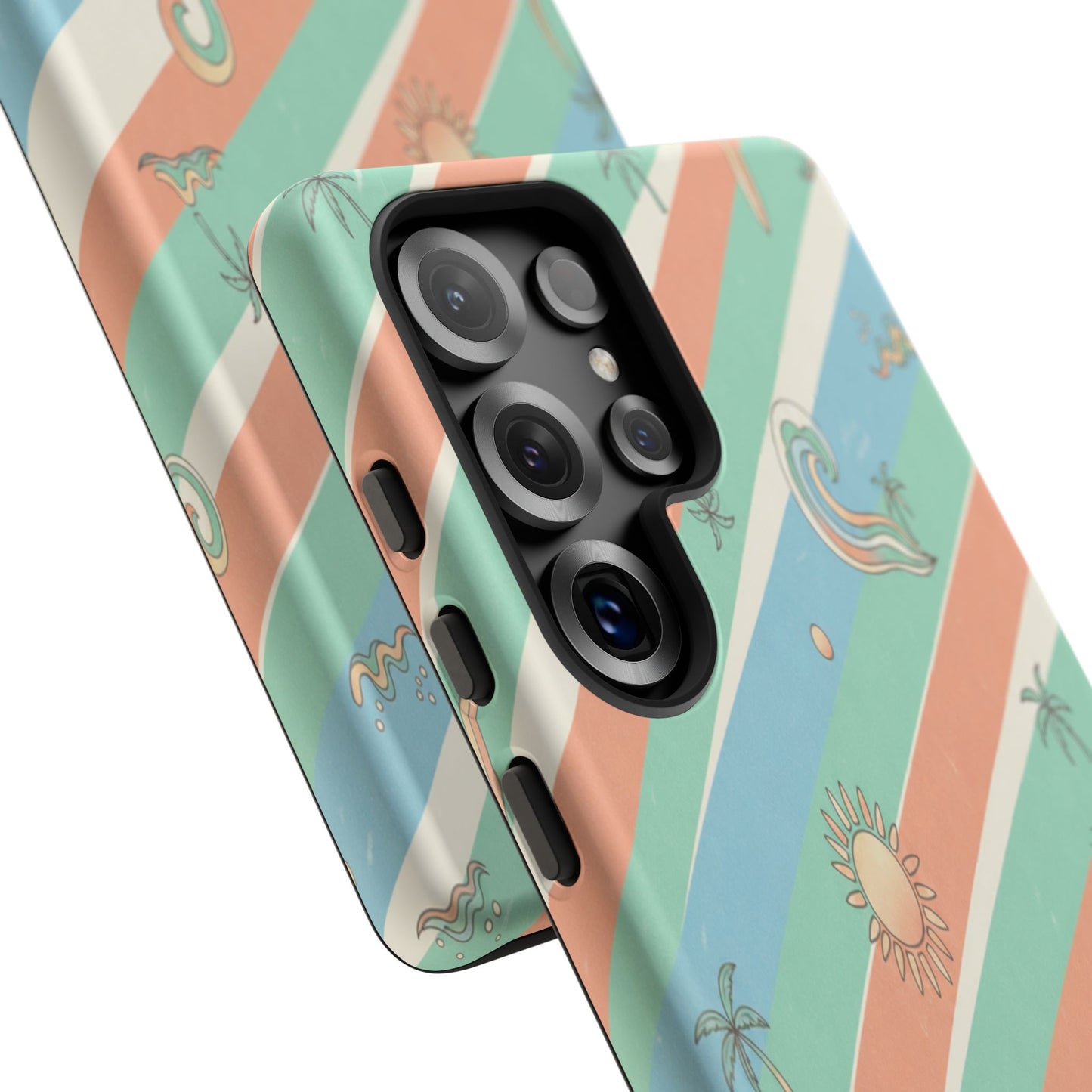 Retro Beach Stripes Phone Case — Sun, Waves & Palm Pattern Tough Case