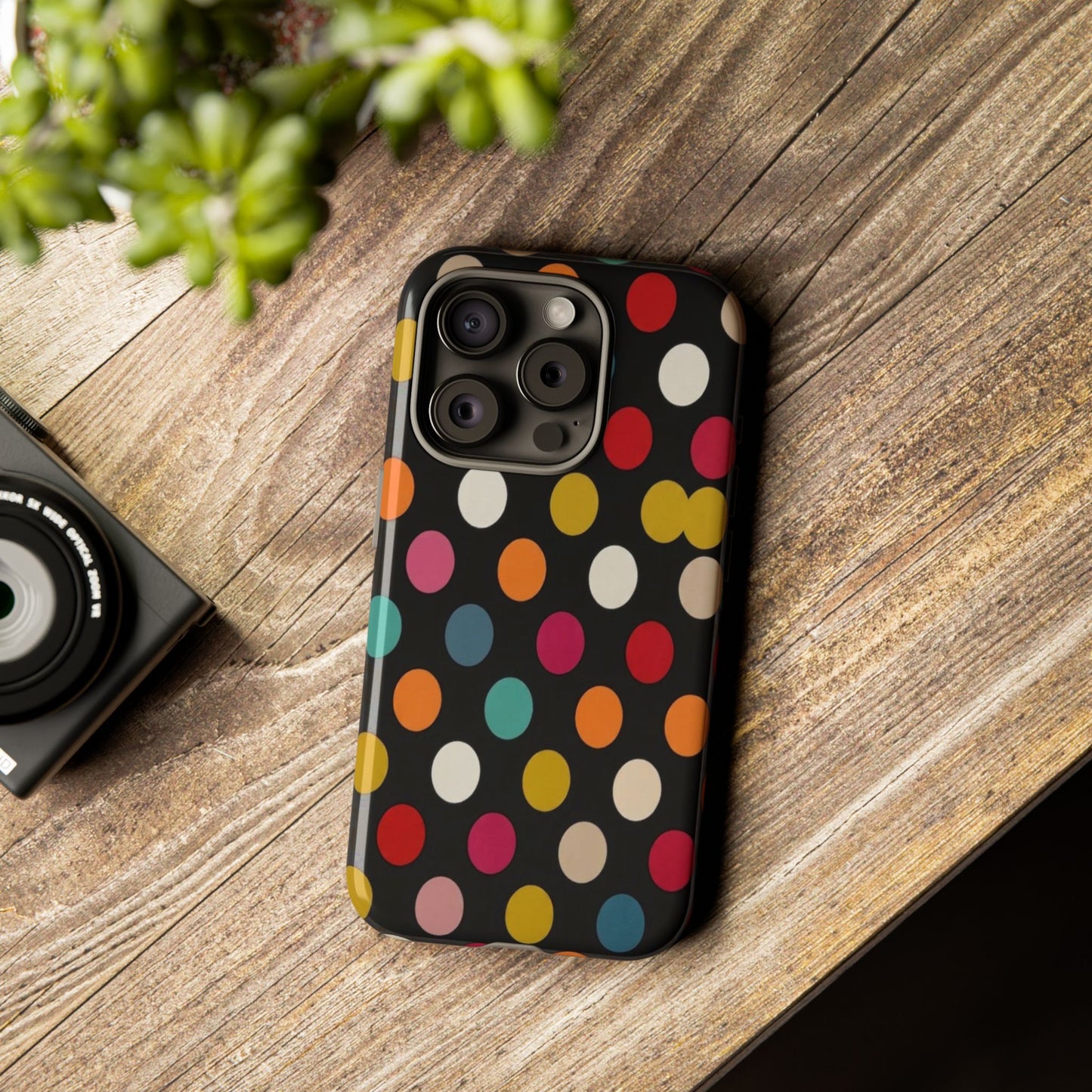 Polka Dot Tough Phone Case – Colorful Retro Dots on Black