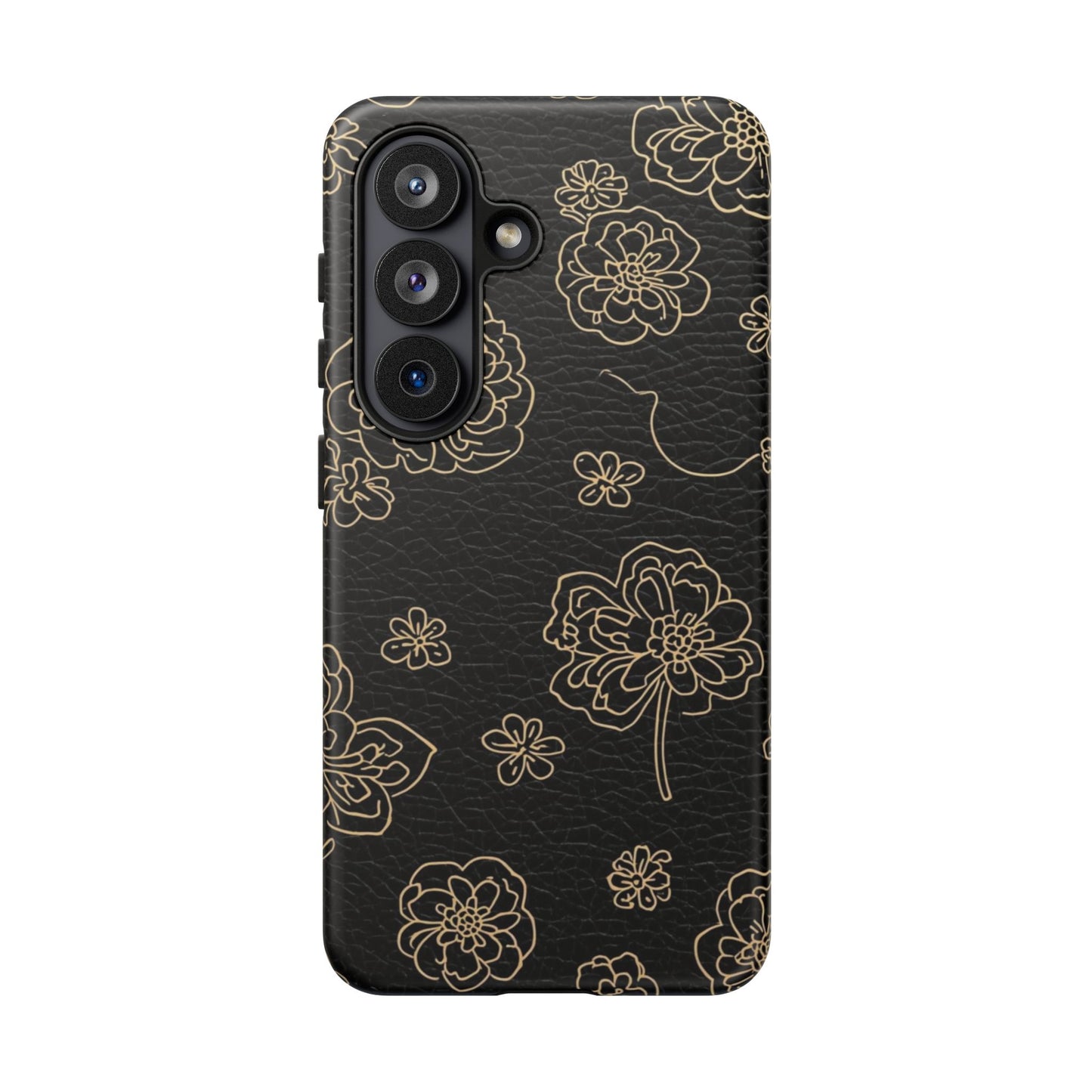 Floral Leather-Texture Tough Case – Black Gold Outline Phone Cover