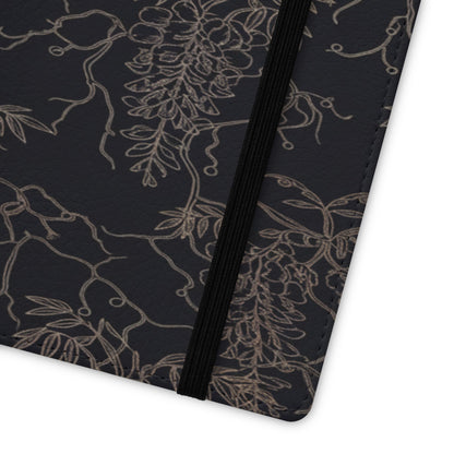 Botanical Noir Flip Phone Case — Dark Floral Wallet Cover with Card Slots